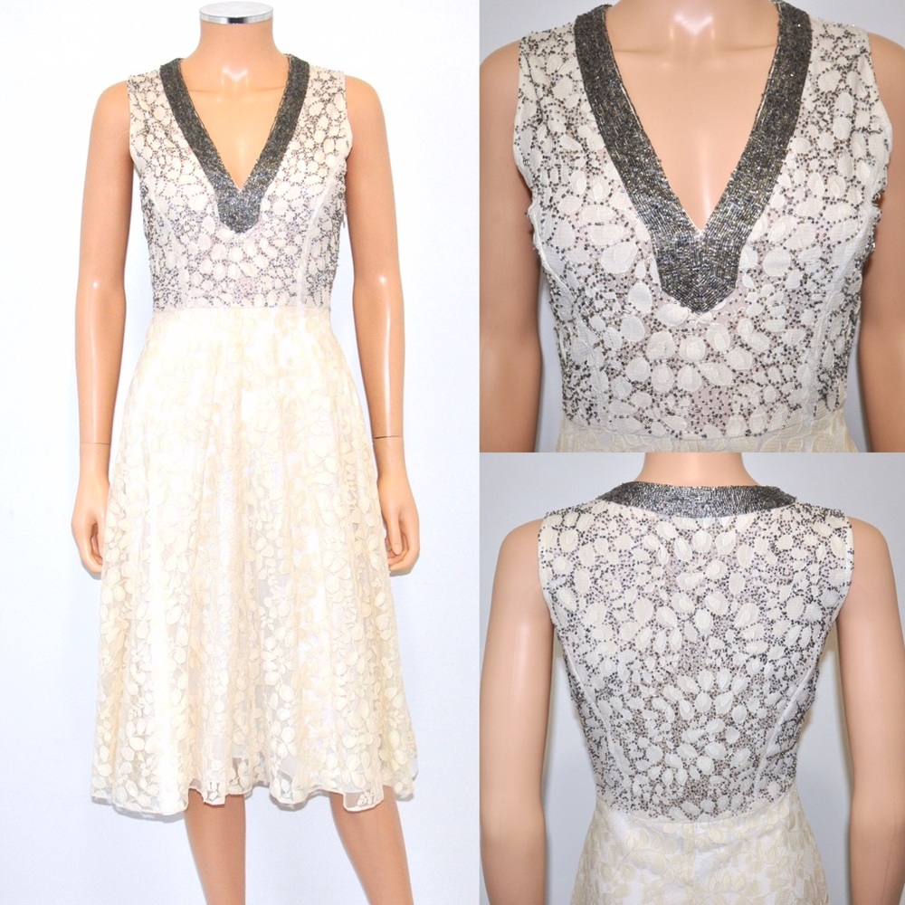 HP 🎉 RINA DHAKA Ivory Beige Lace Beaded Dress - 4